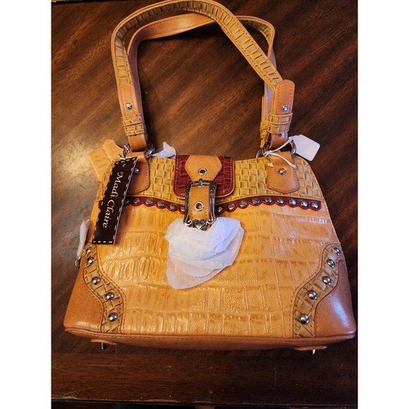 Madi Claire Handbags - NWT Madi Claire Sand Wagner LEATHER CROCO Embossed SATCHEL BAG PURSE Heart Hand